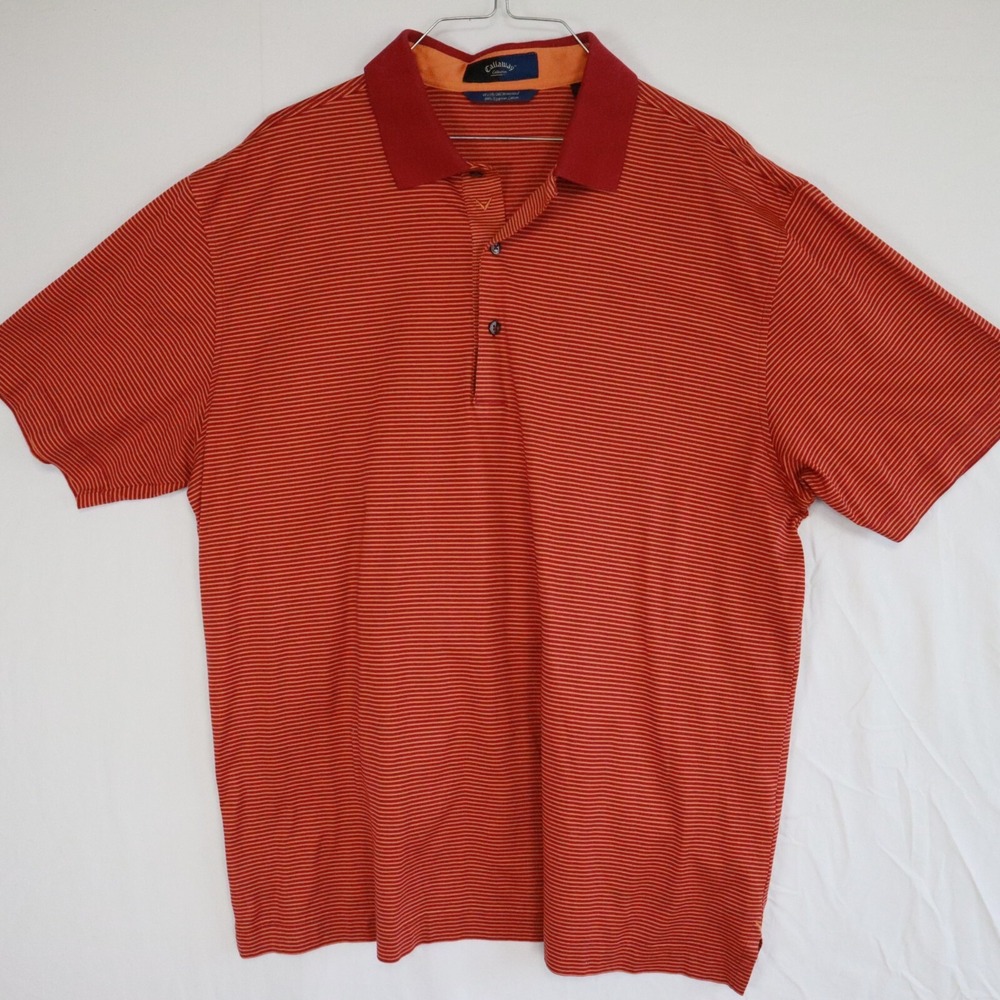 Callaway Golf Polo Shirt Mens Large Casual Cotton Orange Striped Short Sleeve